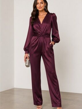 Ieena for Mac Duggal Plum Satin Long Sleeve Jumpsuit Size 10 NWT